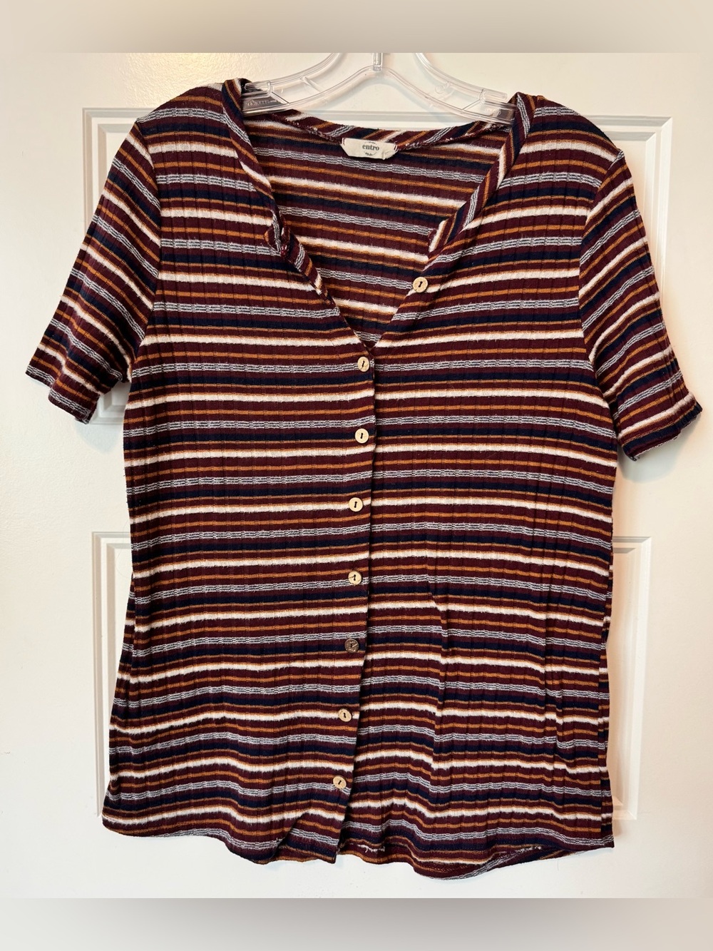 Entro Striped Rib Knit Henley Top M Burgundy Mustard Button Front Boho